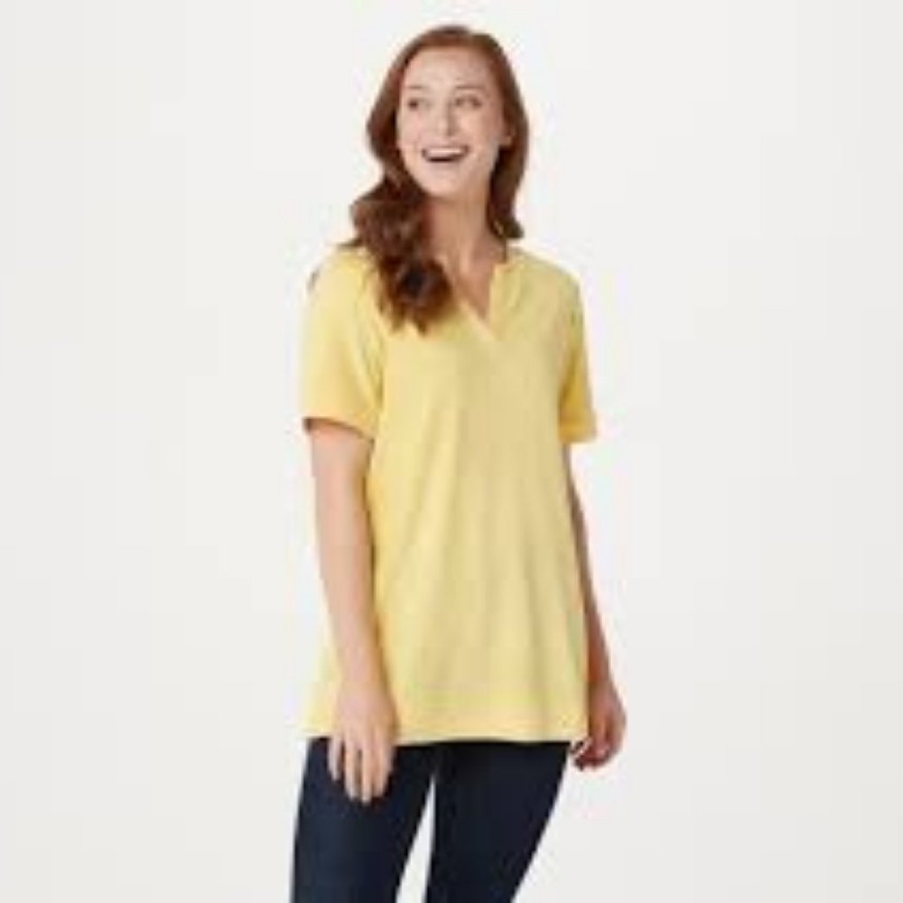 NWT DENIM & CO. SHORT‎ SLV V-NECK TERRY TOP XXS